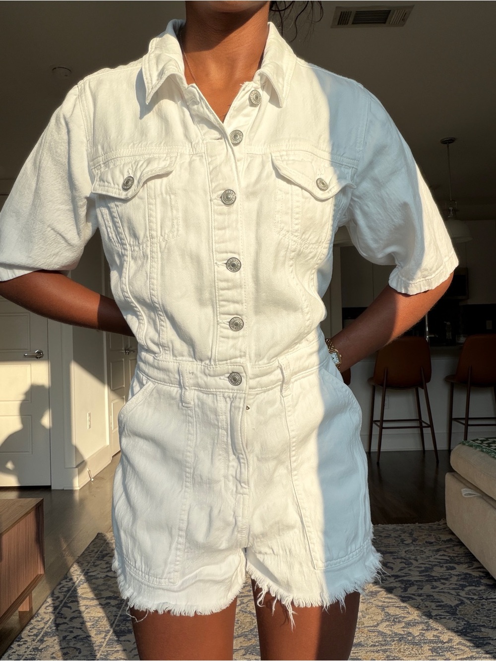 American Eagle Outfitters White Short-Sleeve Denim Romper